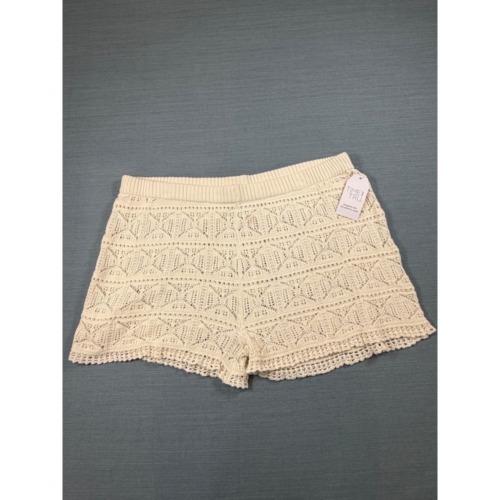 Time and Tru Womens 2X Cream Crochet Knit Shorts Swim Cover Up Plus Size NEW
